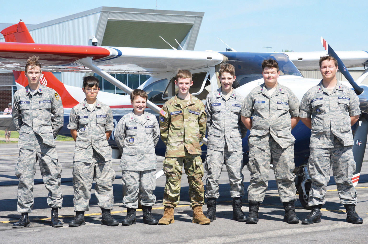 Wright County Civil Air Patrol Cadets gained first-hand aviation experience at Buffalo Municipal Airport this past Memorial Day while flying over area skies with certified pilots. Pictured from left to right: C/CMSgt Ryatt Austin, C/Amn Levi Eiynck, C/Amn Peter Dehmer, Cadet Joshua Zachman, C/Amn Ronin Komarec, C/SSgt Lukas Dobyns, C/SSgt Jonathan Michalek (not pictured C/SrA Ava Winge). (Photos submitted by Lt Col Marybeth Slocumb)