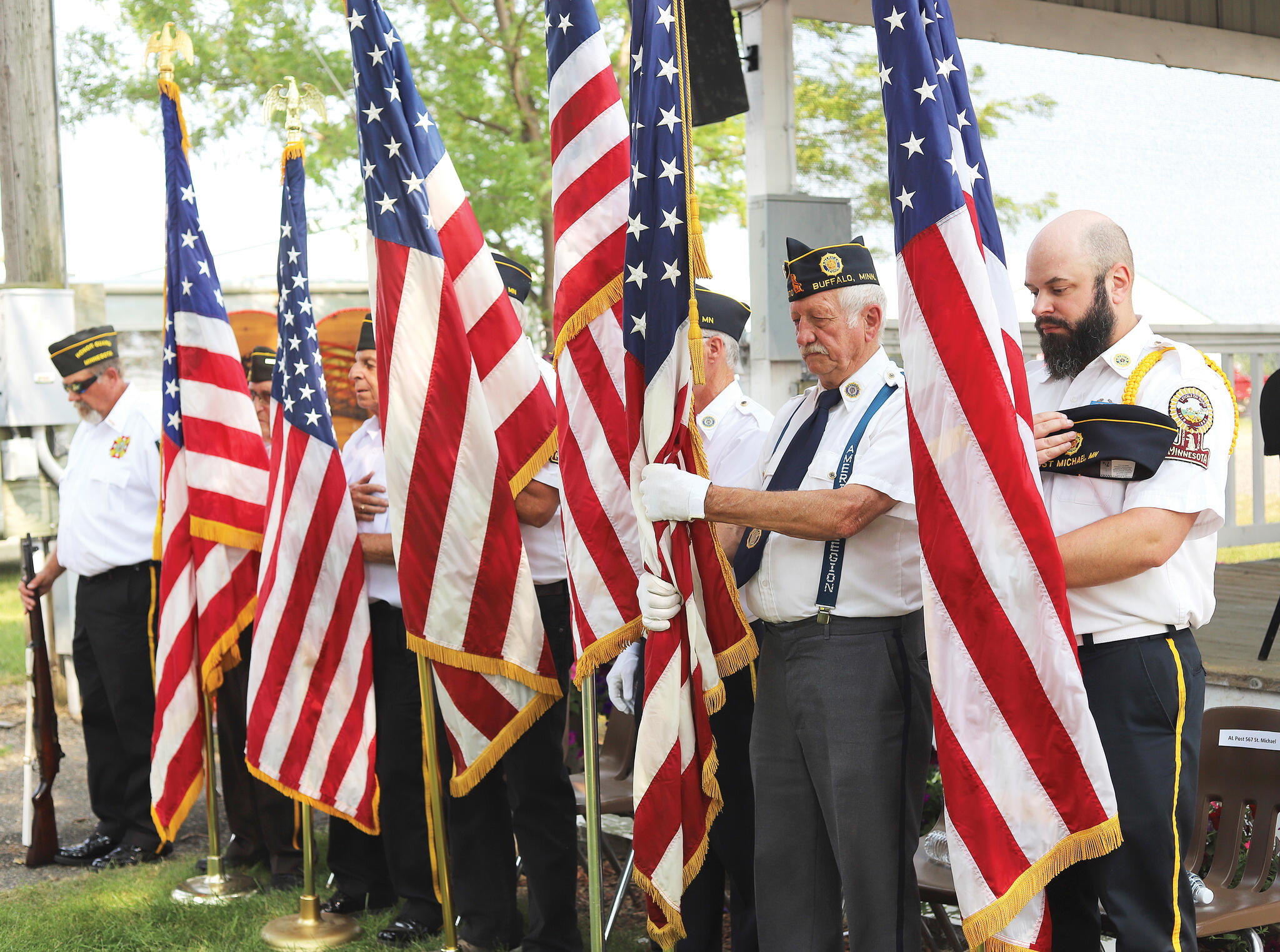 Members of the Buffalo American Legion and VFW Posts carry The Stars and Stripes during the Wright County Fair Veterans’ Day program on Saturday, July 27. The Veterans’ Day program honored veterans from Wright County and highlighted their commitment and service to the country. (Photos submitted by Christina Bentfield)