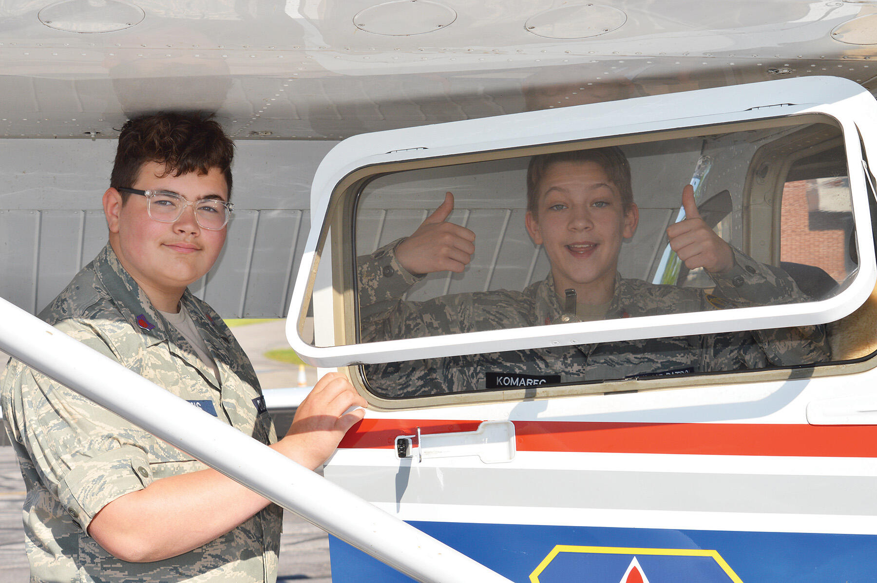 C/SSgt Lukas Dobyns (left) and C/Amn Ronin Komarec (right) participated in orientation flights at Buffalo Municipal Airport as part of their aviation training through the Civil Air Patrol.