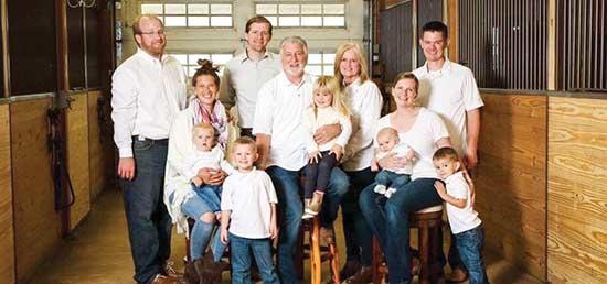 Nearing four decades together, Vicki and Mark Johanneck have made a life for themselves in Maple Lake, showing saddlebreds and supporting relationship-based horsemanship. Above is their family, from left: (back) son-in-law, Patrick Mahlberg, son, Brian Johanneck; (middle) daugher, Jessica Mahlberg; Mark Johanneck, Vicki Johanneck, daughter, Emily Meyer, son-in-law, Craig Meyer; (front) Walter Mahlberg, Blake Meyer, Wilma Mahlberg, Evan Meyer, and Logan Meyer. (Photos courtesy of The Johannecks)